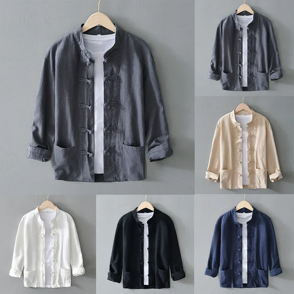 Men Chinese Style Long Sleeves Blouse Button Down Tang Suit Uniform Shirts Tops Stand-up Collar Tops