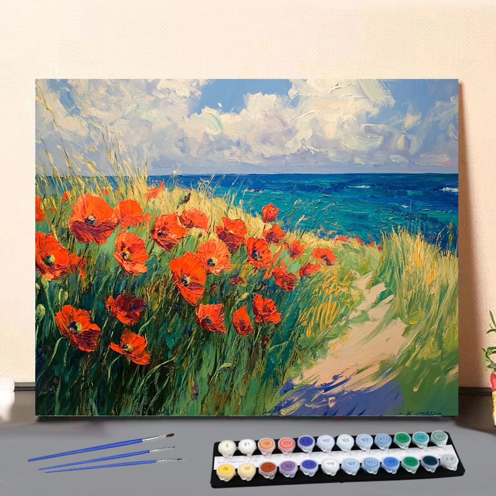 

Painting by Numbers The flowers blooming by the seaside Digital Painting Handmade Adult Children Gift Wall Decoration D