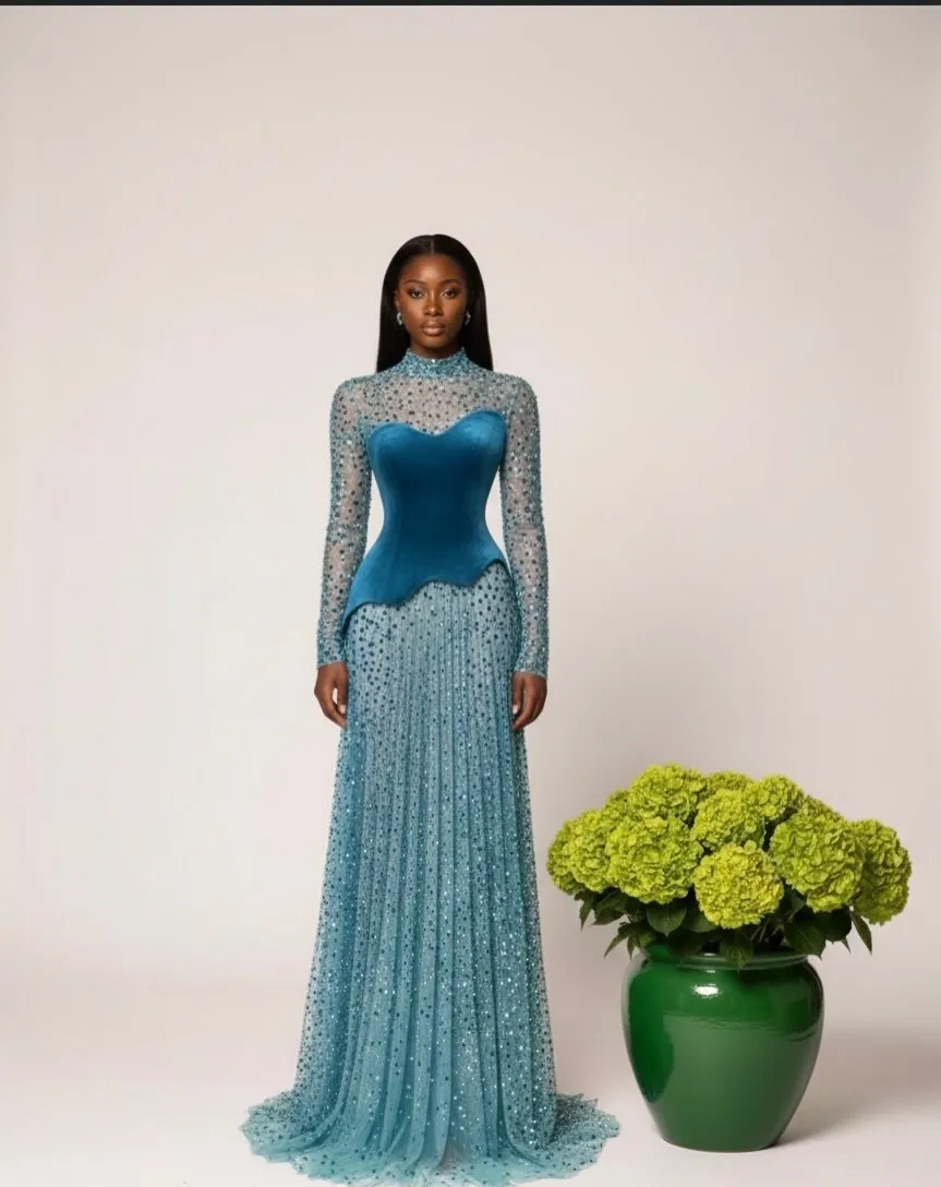 Customized Luxurious Crystal Velvet Prom Dress See Through Bottom Formal Evening Gown High Neck Long Sleeve شارون سعيد