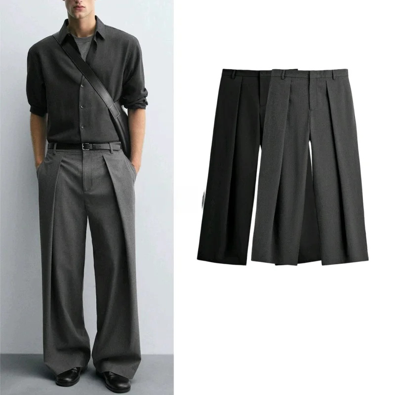 

Новые осенние мужские свободные широкие брюки со средней талией, дизайн, украшенные плиссированные повседневные брюки из полиэфирного волокна 0706950