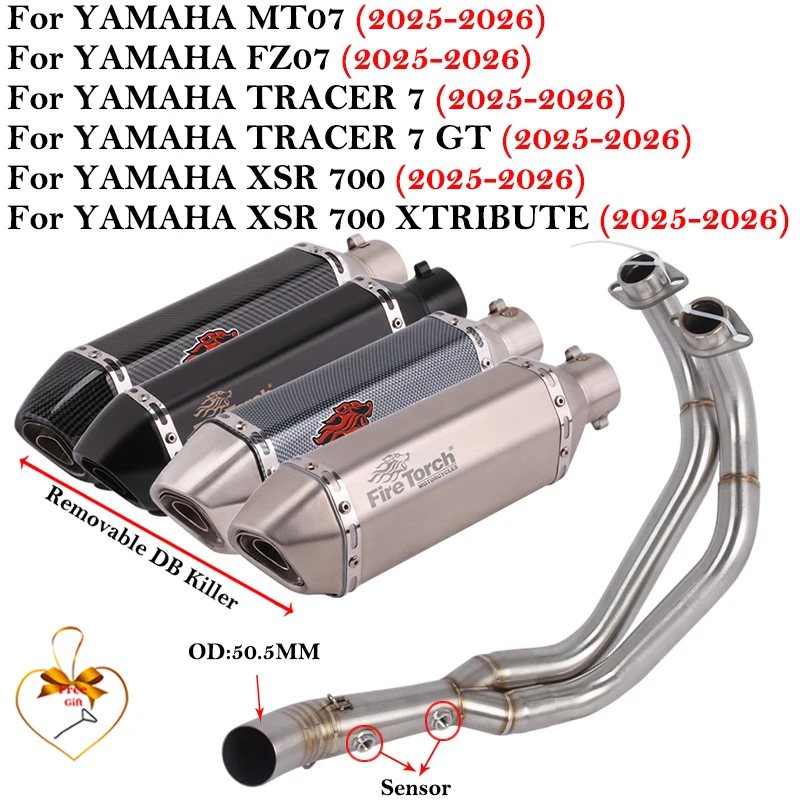

Для YAMAHA MT07 FZ07 TRACER 7 GT XSR 700 XTRIBUTE 2025 2026 мотоциклетная выхлопная труба Escape, передняя средняя труба DB Killer, глушитель 51 мм