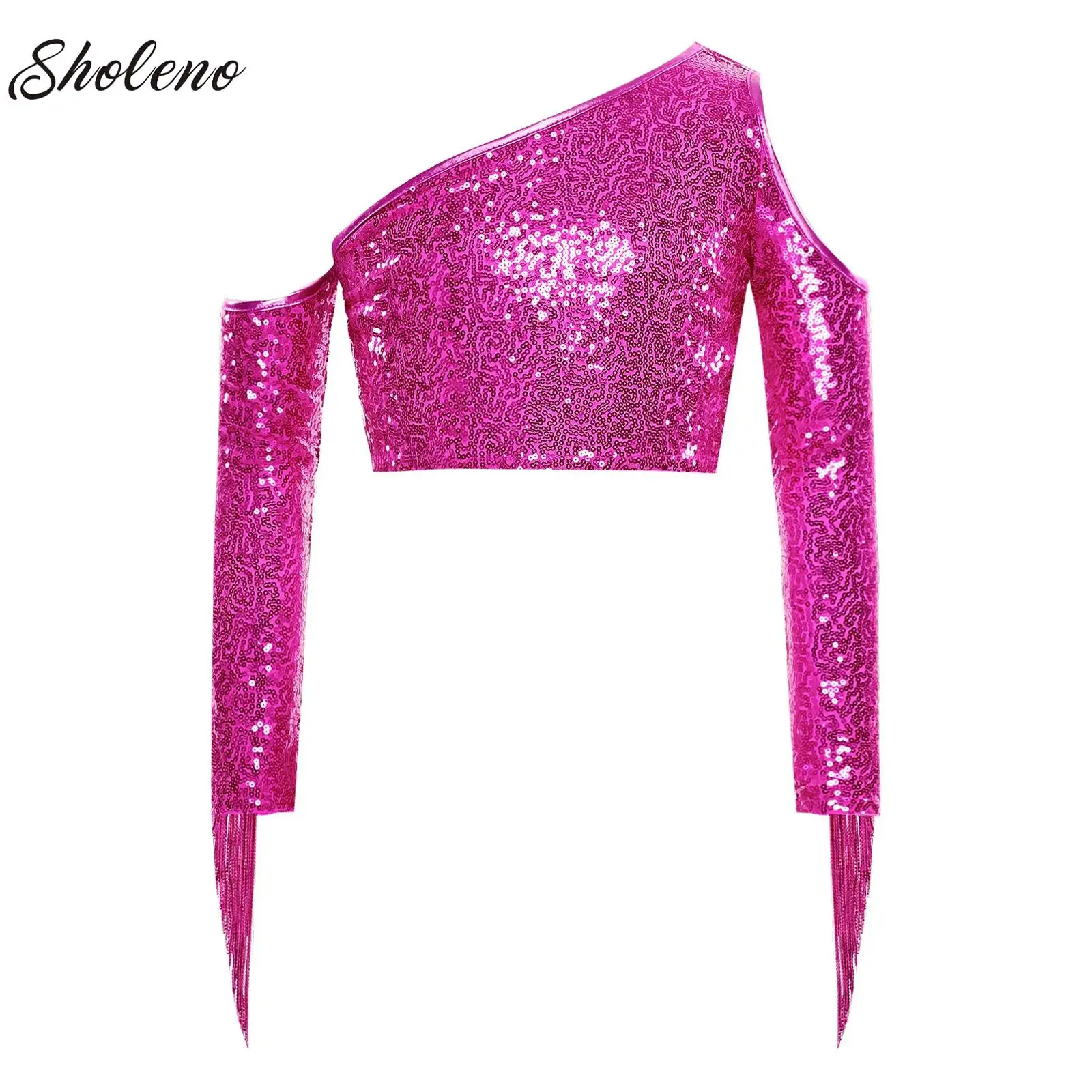 

Pageant Jazz Hip-hop Dance Crop Tops for Kids Girls Tassels Sequins One Long Sleeve Athletic T-Shirts Stage Performance Costumes