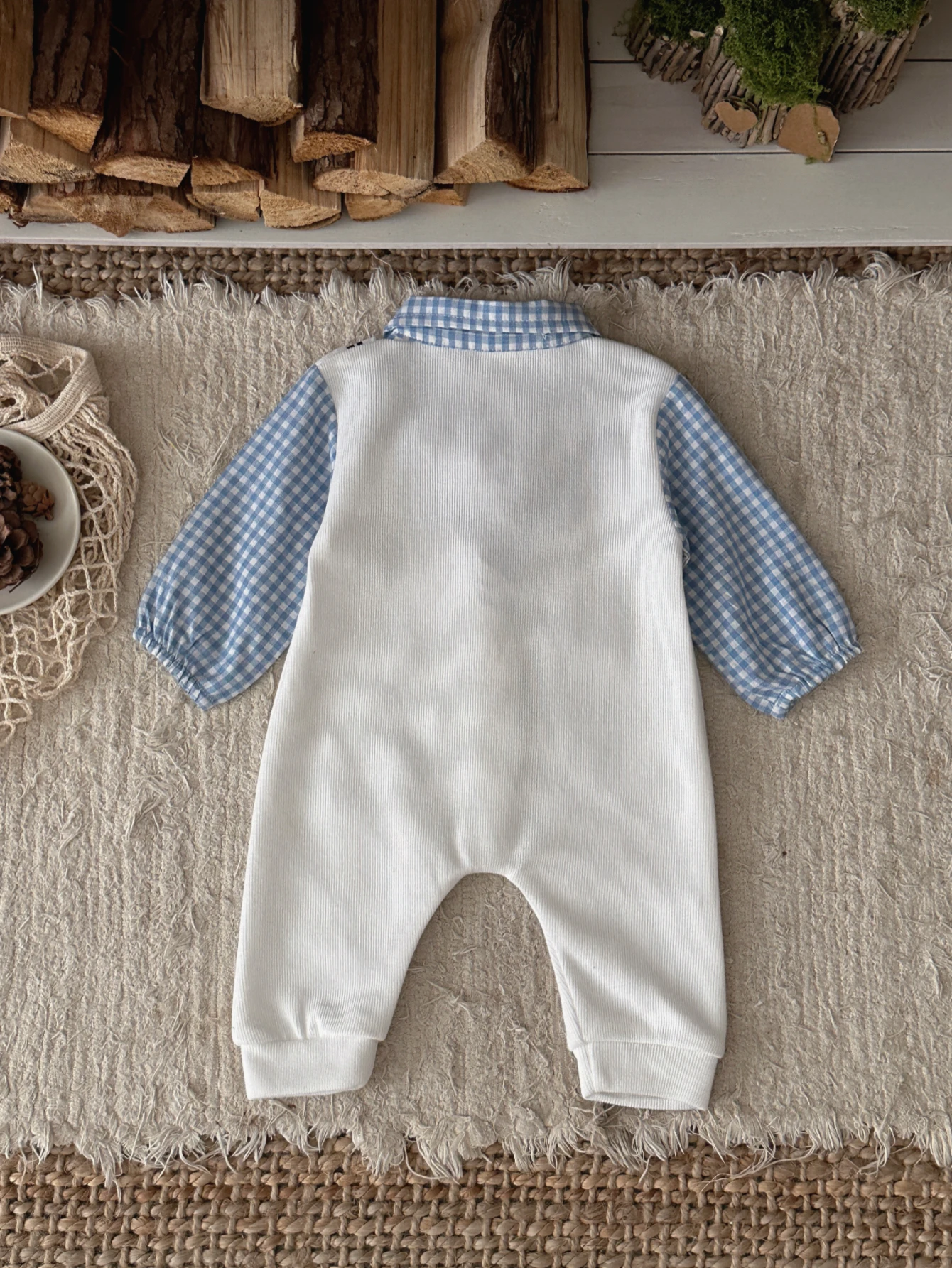 Spring Autumn Baby Fake Two Piece Dachshund Embroidery Romper, Boys Blue Plaid Lapel Button Birthday Formal Jumpsuit Outfit