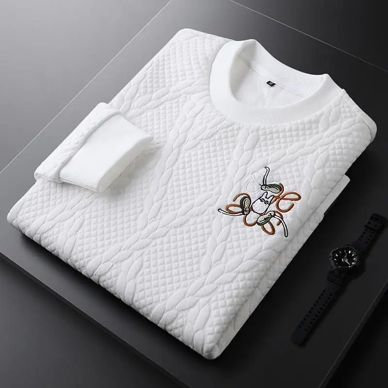 Men's Clothing Autumn and Winter Warm Sweatshirt Thickened Round Neck Trendy Brand Embroidered Sports Long-sleeved T-shirt Top