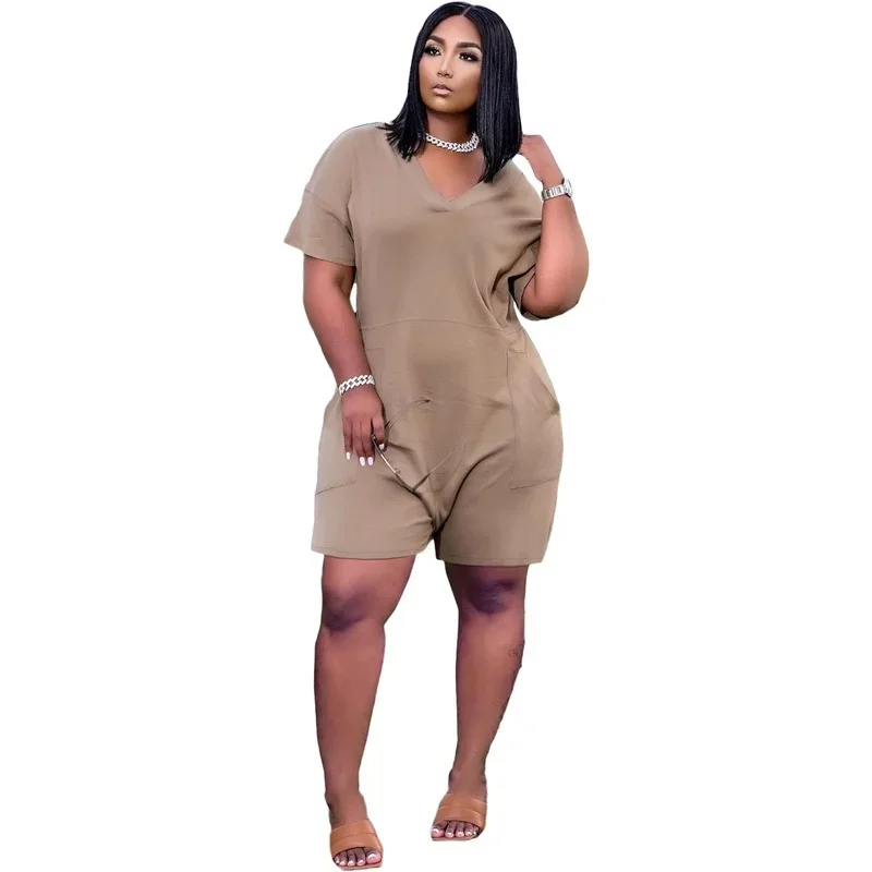 

Sexy Loose Solid Color V-neck Casual Jumpsuits 2024 Women Summer Zipper Pockets Oversize Female Playsuits Fashion Streetwear