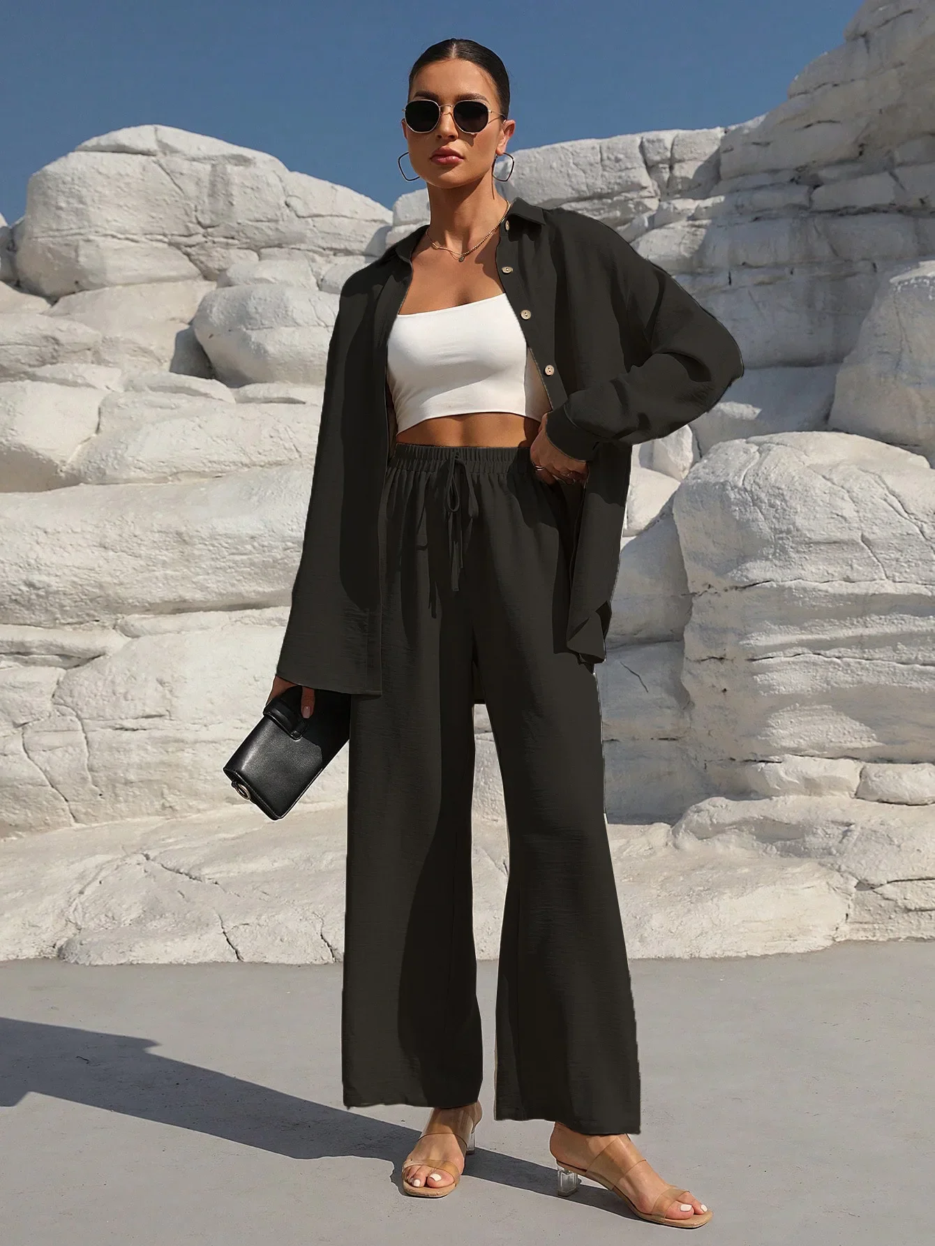 

Long Sleeve Shirt Tops Pants Suit Sleepwear Women Pajamas 2 Pieces Set Lapel Shirt Trousers OL Fashion Loose Lounge Set Outfits