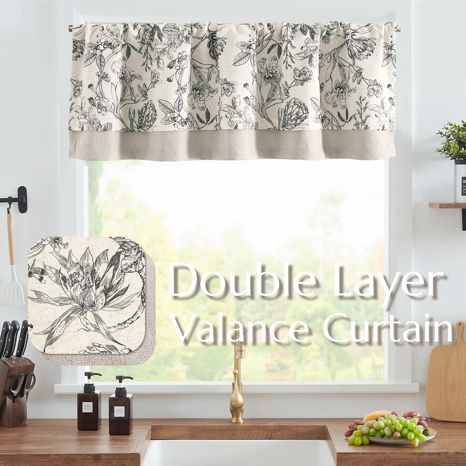 JINCHAN Double Layer Window Valances For Kitchen Living Room Bathroom Linen Floral Printed Valance Room Darkening Small Curtains