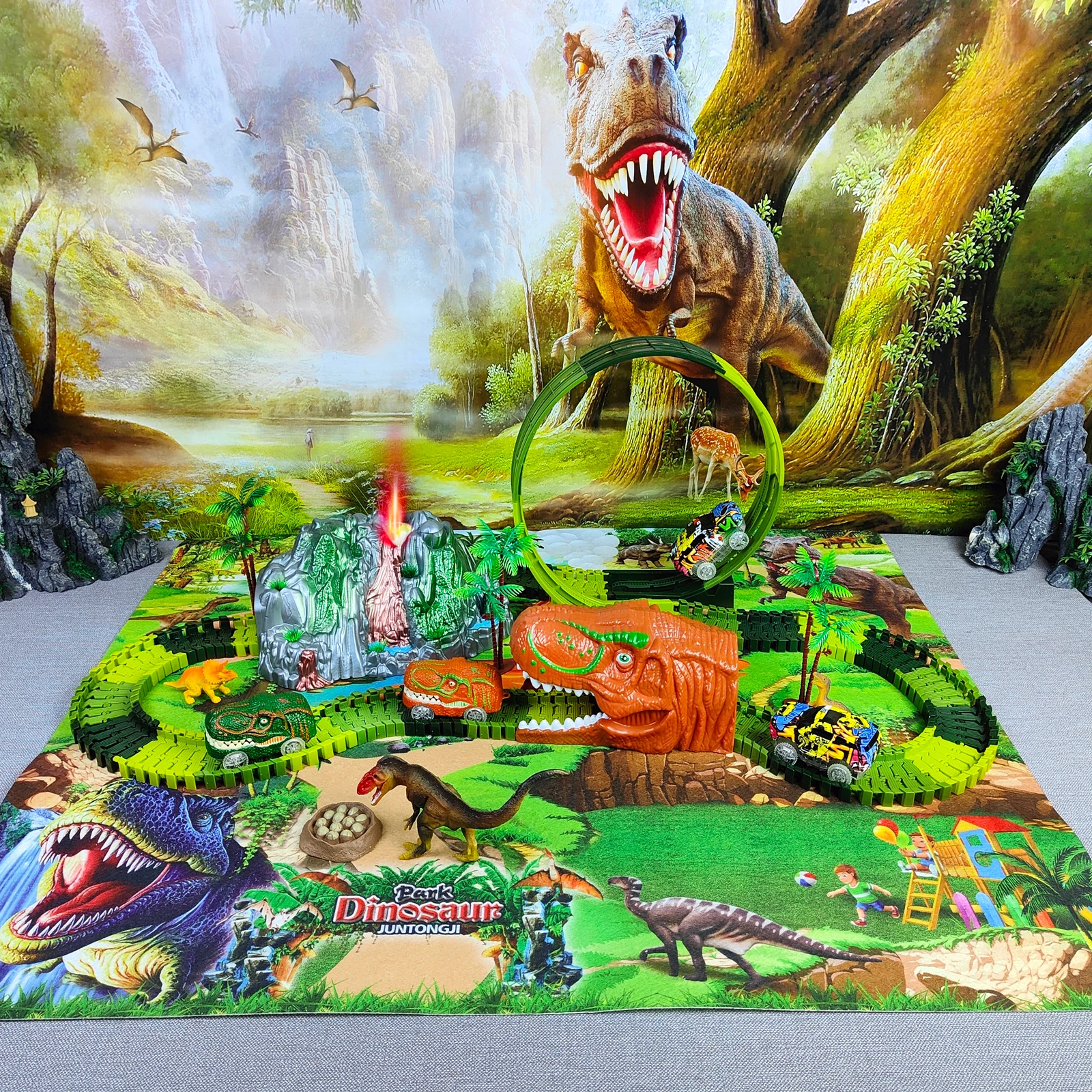 

Music spray volcano Dinosaur Toys Set Create A Dinosaur World Road Race-Flexible Track Playset for 3 4 5 6 Year Old Boys Girls