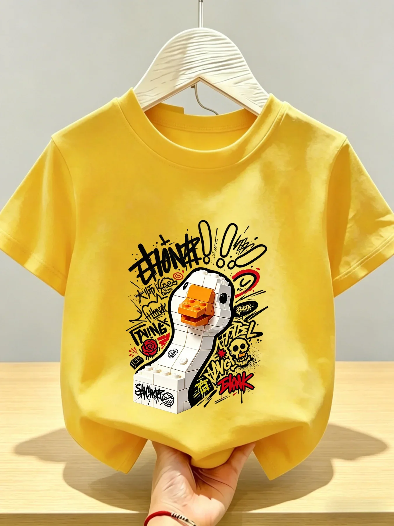 Red Kids Short Sleeve Tee Street Graffiti Building Block Duck Cartoon Graphic Cool Street Style Boys Girls Daily Top