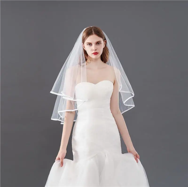 Voile de mariage en tulle doux avec peigne pour femme, 2 couches, bord de ruban, filles, patients