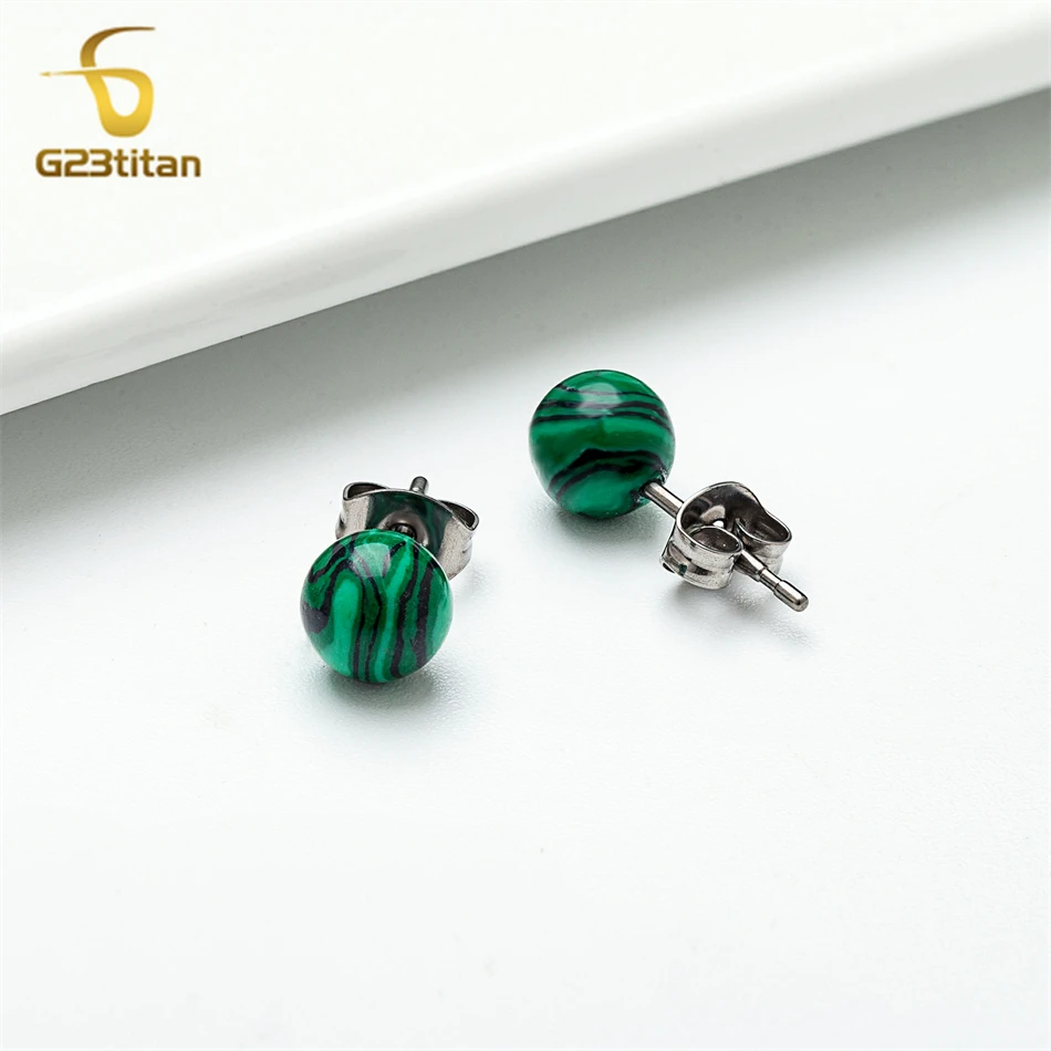 Charming Malachite Stone Earrings 6mm 8mm Green Ball Ear Studs Hypoallergenic Titanium Earings for Women Men Minimalist Jewelry