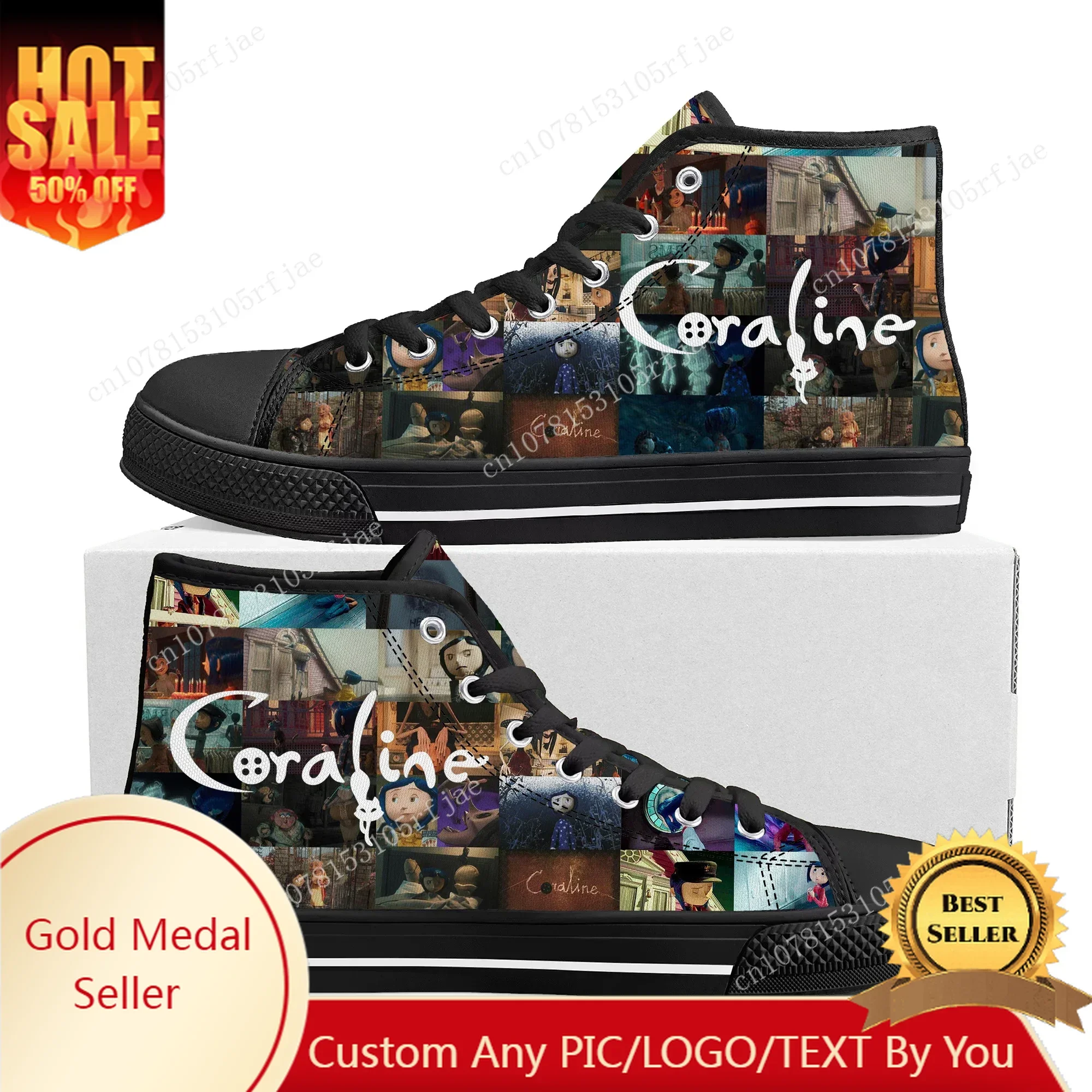 

Coraline The Secret Door High Top Sneakers Mens Womens Teenager Fashion High Quality Canvas Sneaker Custom Built Couple Shoes