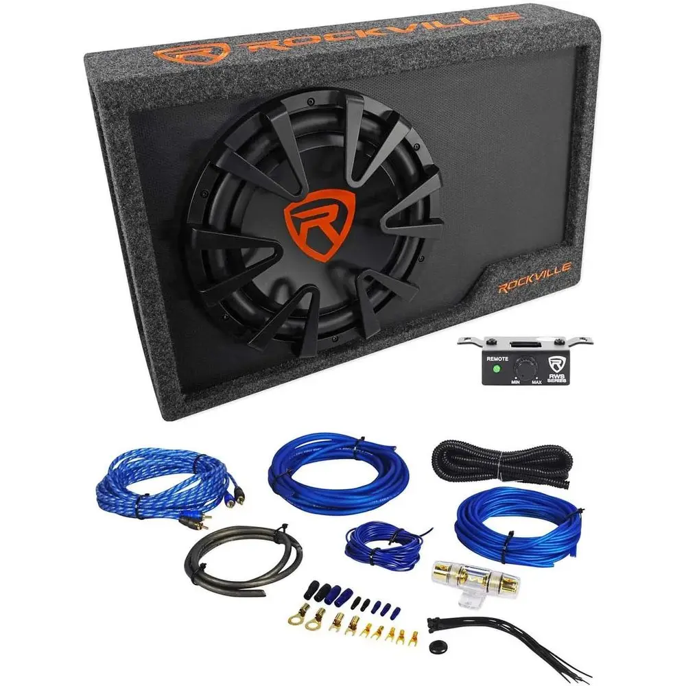

Bundle: RWS12CA Slim 1200 Watt 12" Ampliied Powered Car Subwooer Enclosure Bundle with RWK81 8 Gauge Complete Amp Installation W