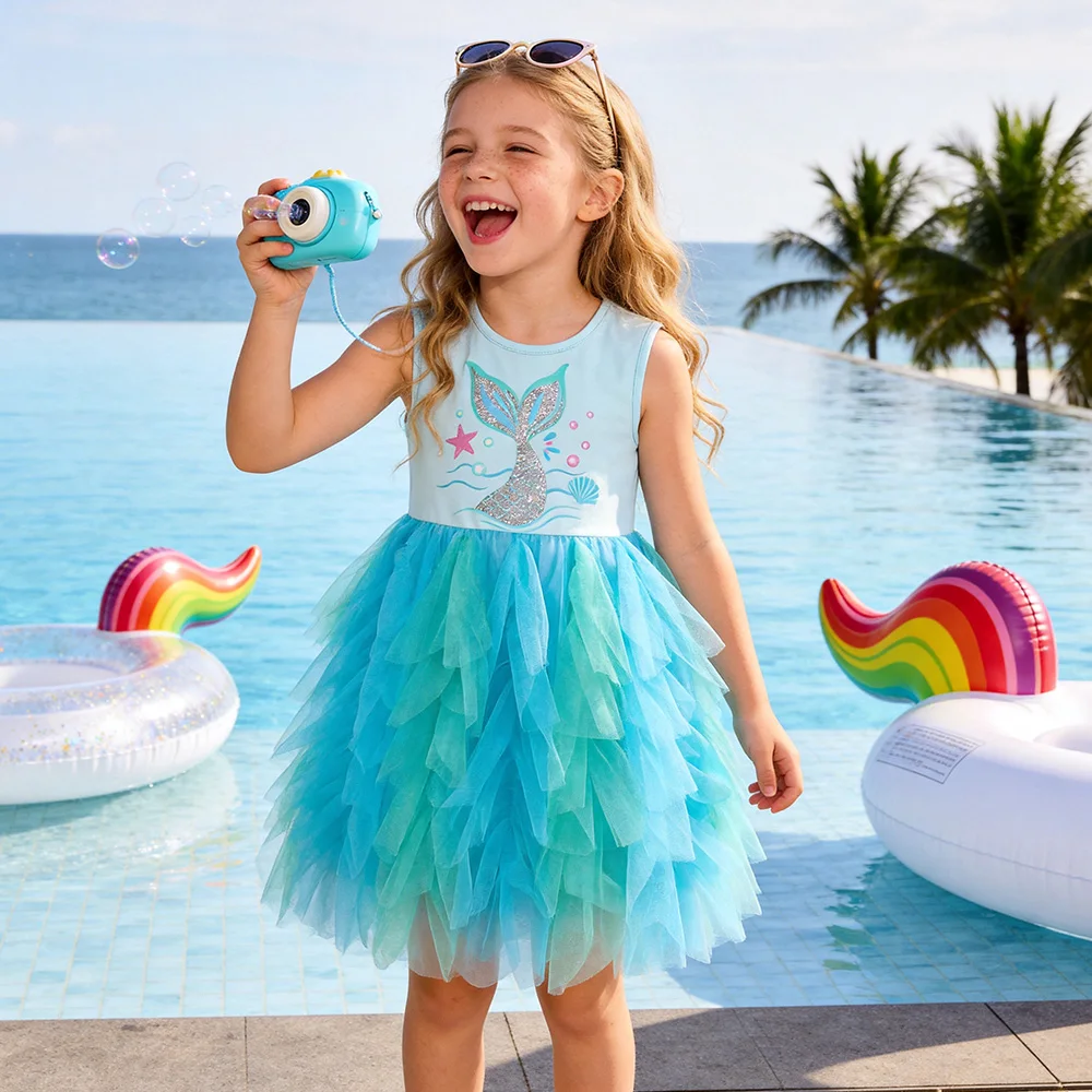 VIKITA Mädchen ärmelloses Sommerkleid mit Meerjungfrauen-Print, blau, für Kinder, mehrlagig, Prinzessin, Geburtstagsfeier, Ballkleid, elegante Tutu-Kleider – Detail 3