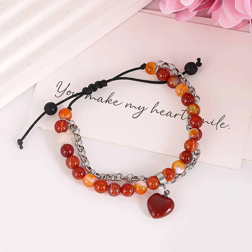 Natürliches Tigerauge-Armband mit rotem Achat-Liebesanhänger für Frauen, Edelsteinperlen, handgestrickte Edelstahlkette, gestapelte Armbänder – Detail 4