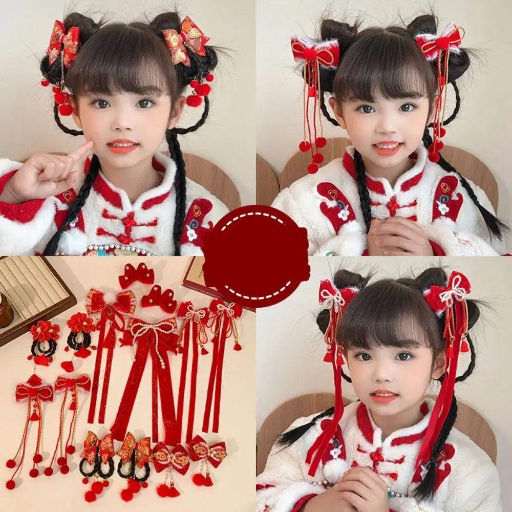 

Fairy Ribbon Red Bow Hair Clip New Year Head Wear Plush Ball Hairpin Tang Suit Hair Clip Fringe Princess Forehead Chain Headwear