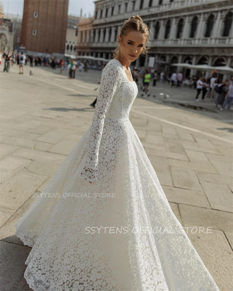 Robe de mariée princesse à manches longues pour femmes, robe de soirée élégante, col carré, coupe trapèze, adaptée aux patients