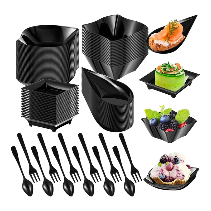 【REGALO】 Platos de postre de plástico 200 Uds Mini platos para aperitivos con cucharas tenedores Mini cuencos de postre desechables negro