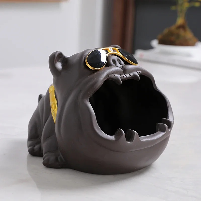 Creative Purple Sand Sunglasses Dog Ashtray Large Capacity Storage Ornament Ceramic Cartoon Animal Portable Ashtray Decoration