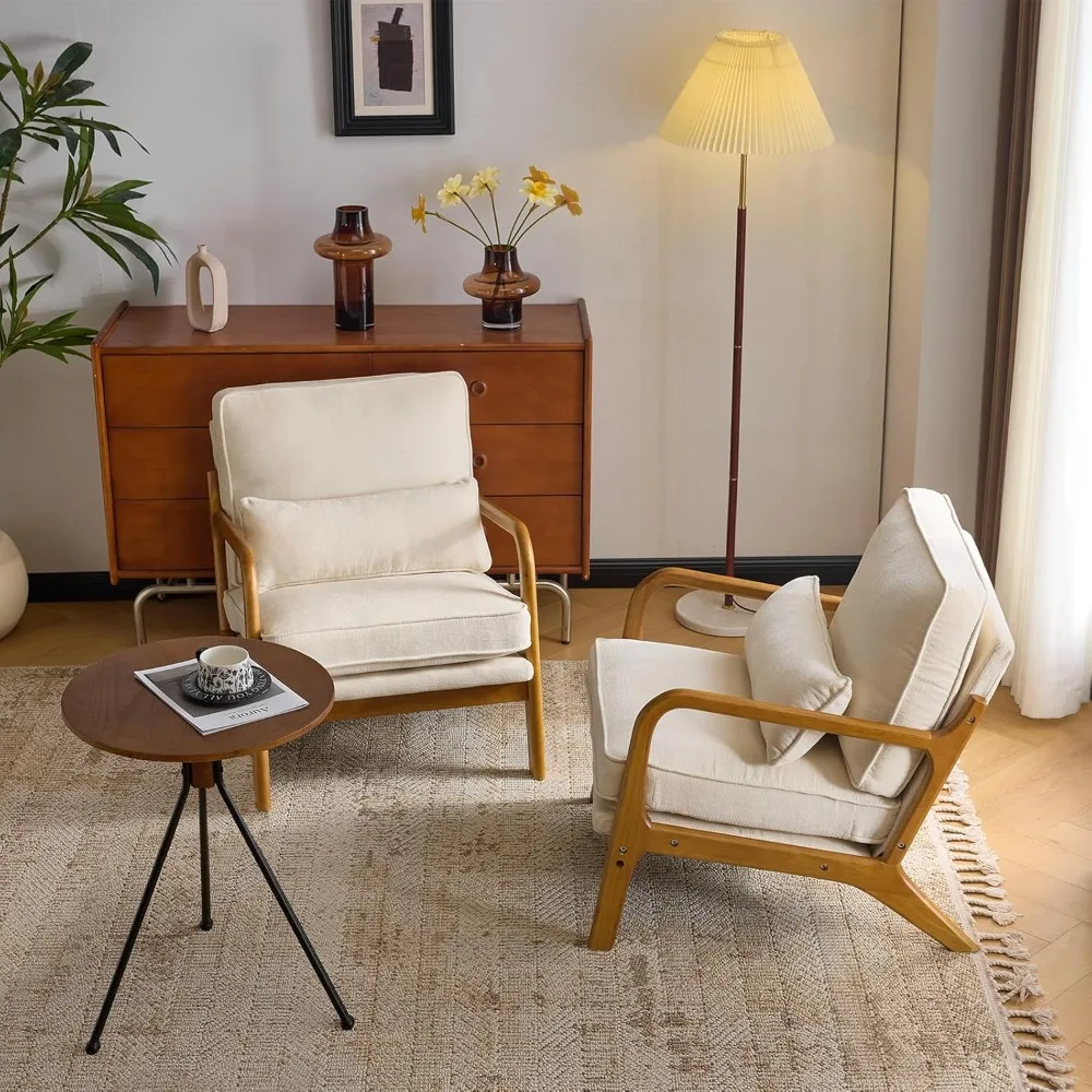 

mid-century modern chenille accent chairs - pair of stylish reading chairs with cushions, lumbar support pillows, and solid wood