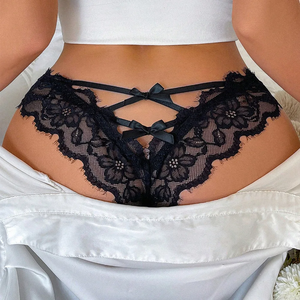 Women Floral Lace Thong Eyelash Trim Double Bow Cross Straps Hollow Sexy Briefs Lingerie Underwear