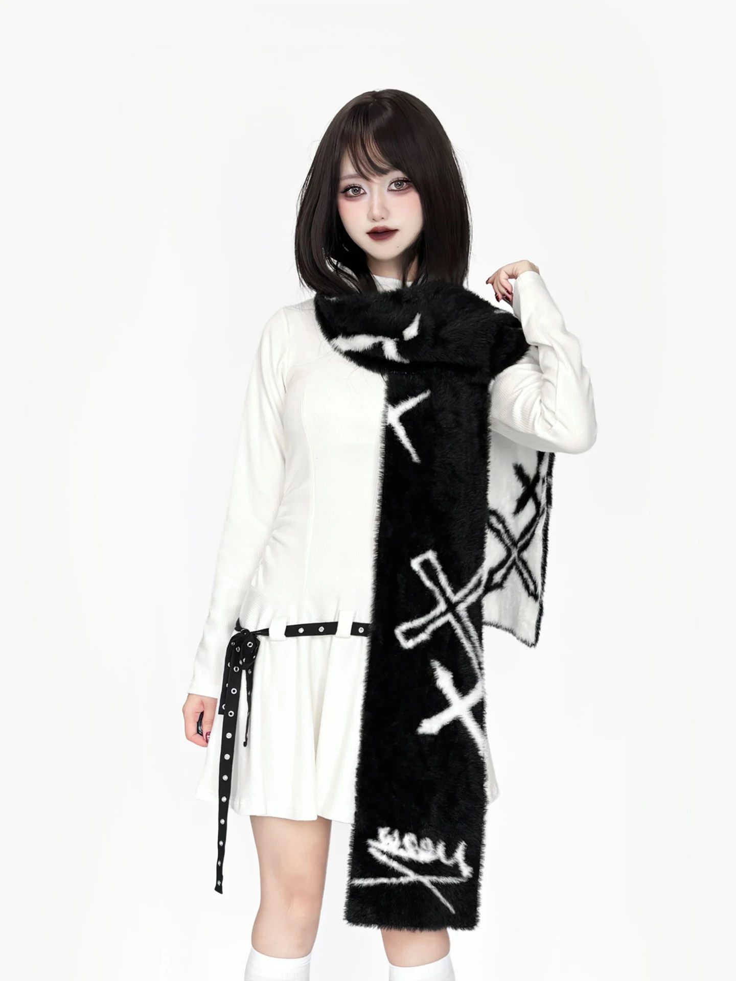 japanese-original-subculture-y2k-black-white-double-sided-knitted-long-shawl-personalized-girl-imitation-mink-gothic-scarf-woman
