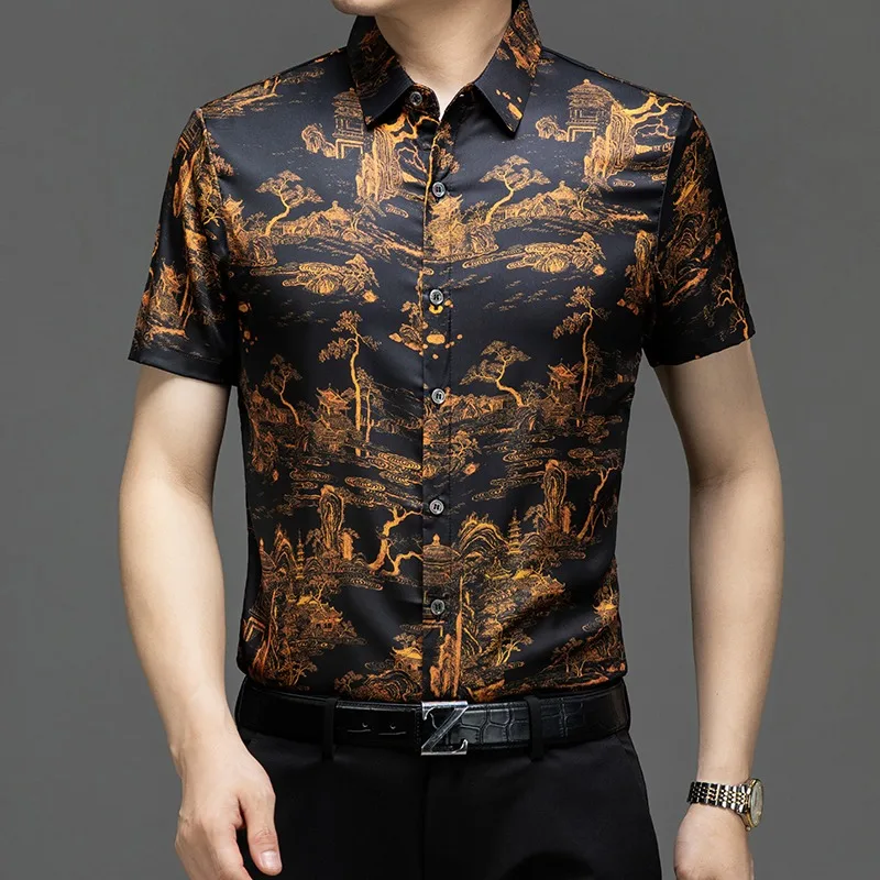 Men's Summer Chinese Landscape Print Short Sleeve Smooth Satin Casual Dress Shirt