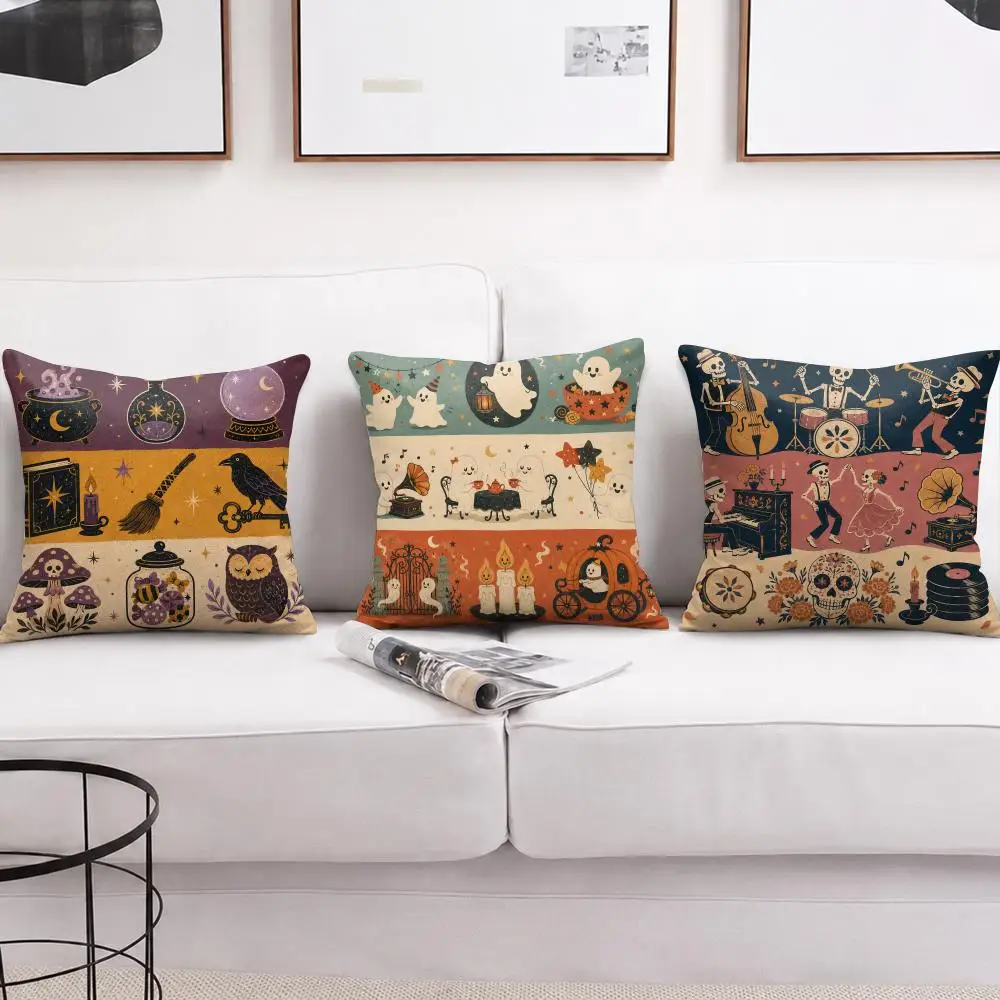 Retro Halloween Icons Cushion Cover Soft Short Plush Pillow Cover Smooth Cozy Texture Aesthetic Cushion Case Home Decor