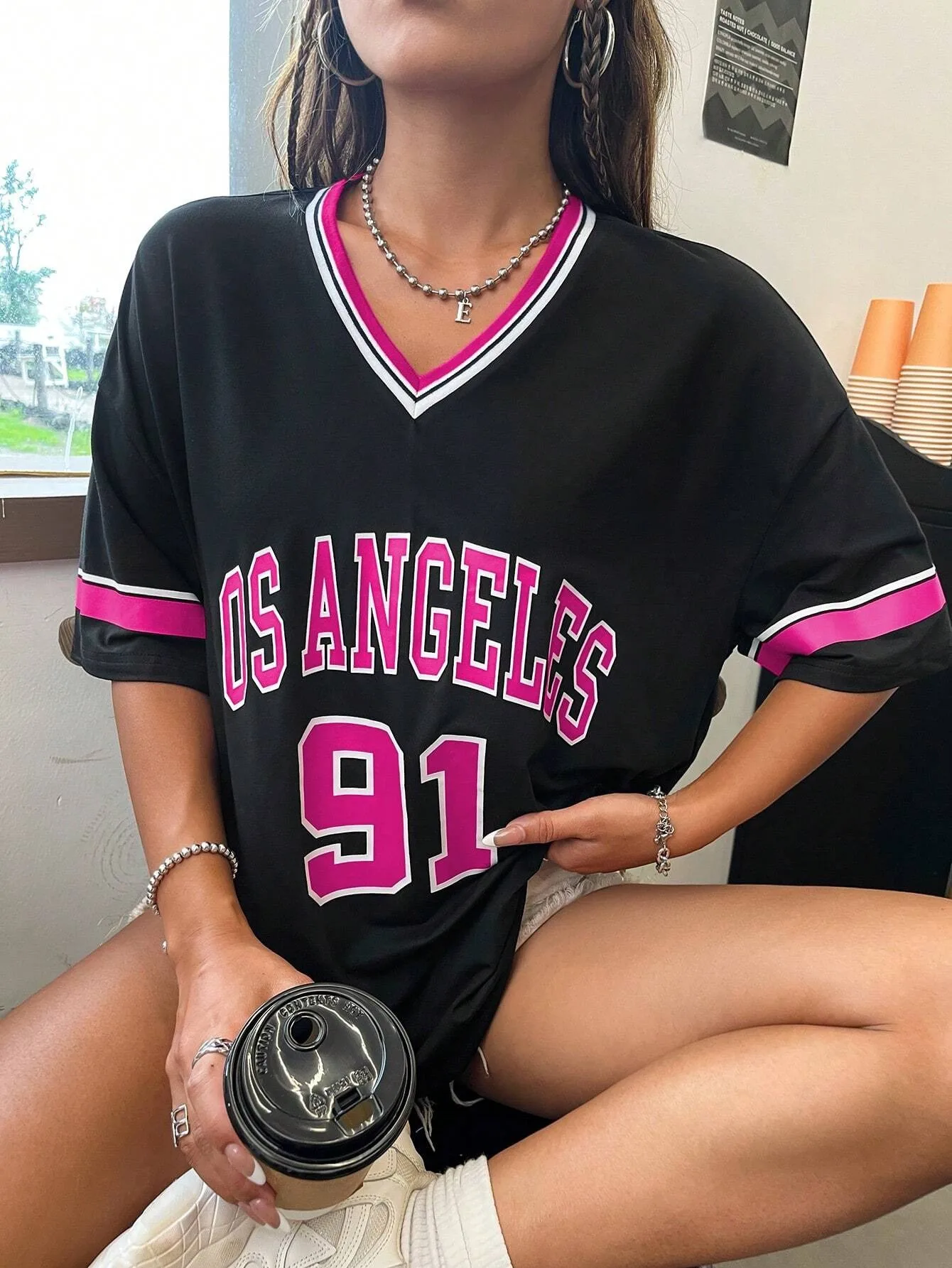 American Summer V-Neck Short Sleeve T-Shirt With Los Angeles 91 Printed English And Numbers Graphic Loose-Fit Tees Women Tops