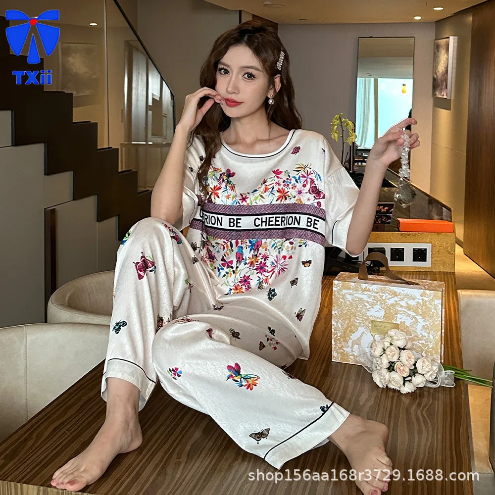 TXii Spring/Summer New Product Butterfly Luxury Short sleeved Shorts Pants with Chest Pads Ice Silk Loose Home Clothes Pajamas