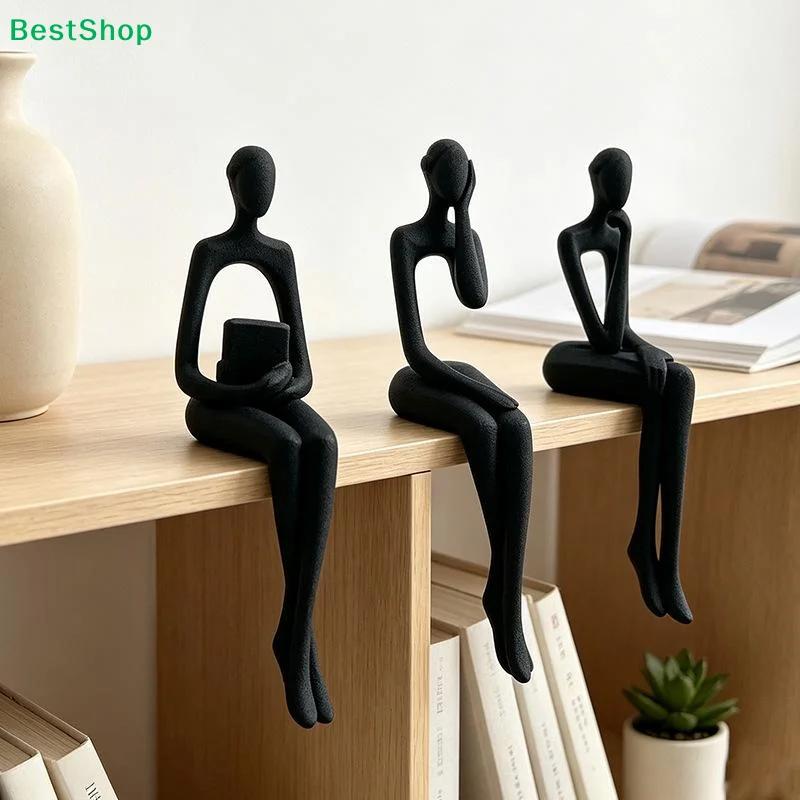 3Pcs Minimalist Abstract Sitting Human Sculpture Set Long Leg Handmade Edge Sitter Thinking Figurine 3D Printed Plastic Decor
