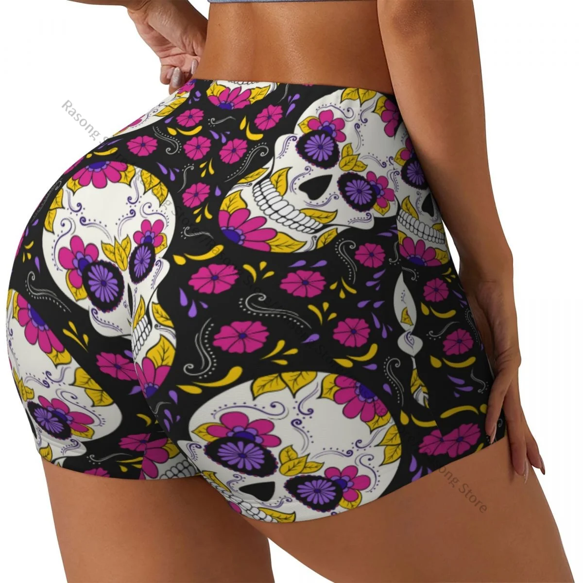 Sexy tight hip sports shorts Day Of The Dead Skull With Floral fitness women's comfortable yoga shorts