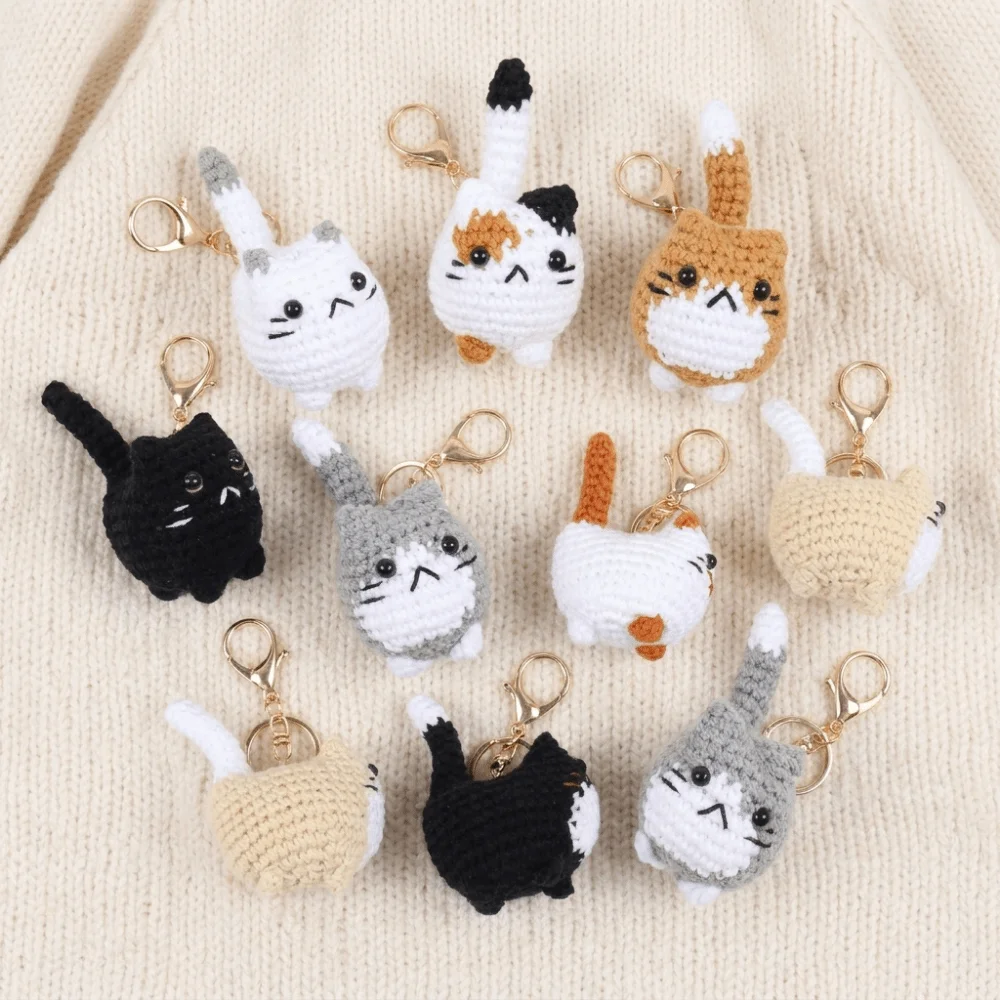Cute Cartoon Crochet Kitten Keyrings Handmaking Mini Cat Crochet Keychain Multi-color Handwoven Cat Pendant Gift