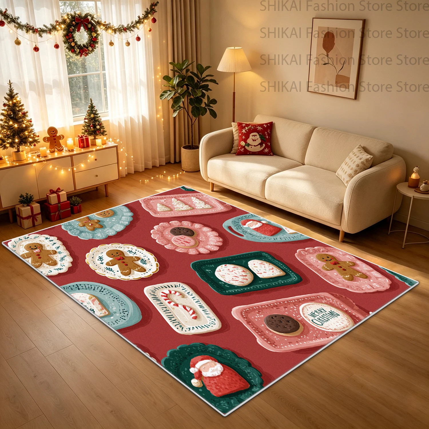 Christmas Reindeer Snowman Santa Claus Living Room Carpet Short Velvet Room Decoration Aesthetic Rug Easy Clean Dining Room Mat