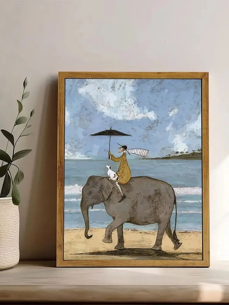 AliExpress Whimsical Seaside Art Canvas Painting -Vintage textured coastal scene with lighthouse, elephant, bicycle and romantic home decor