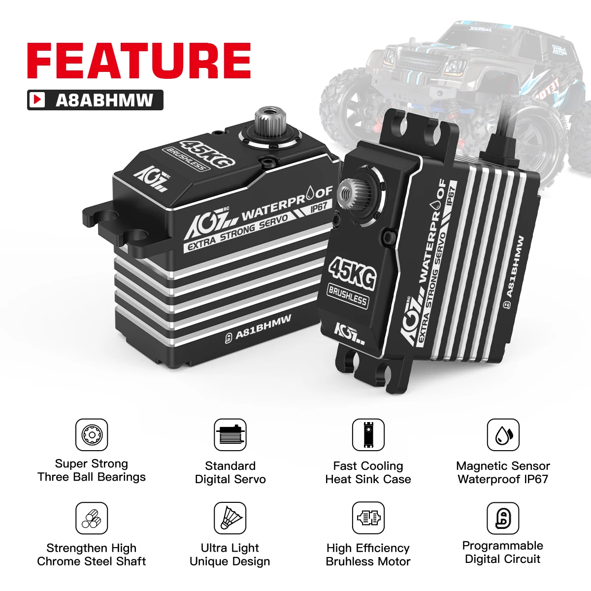 Agfrc a86bhmw a81bhmw 55kg 45kg magnetisches wasserdichtes ip67 bürstenloses digitales rc servo für rc auto crawler boot – Detail 9