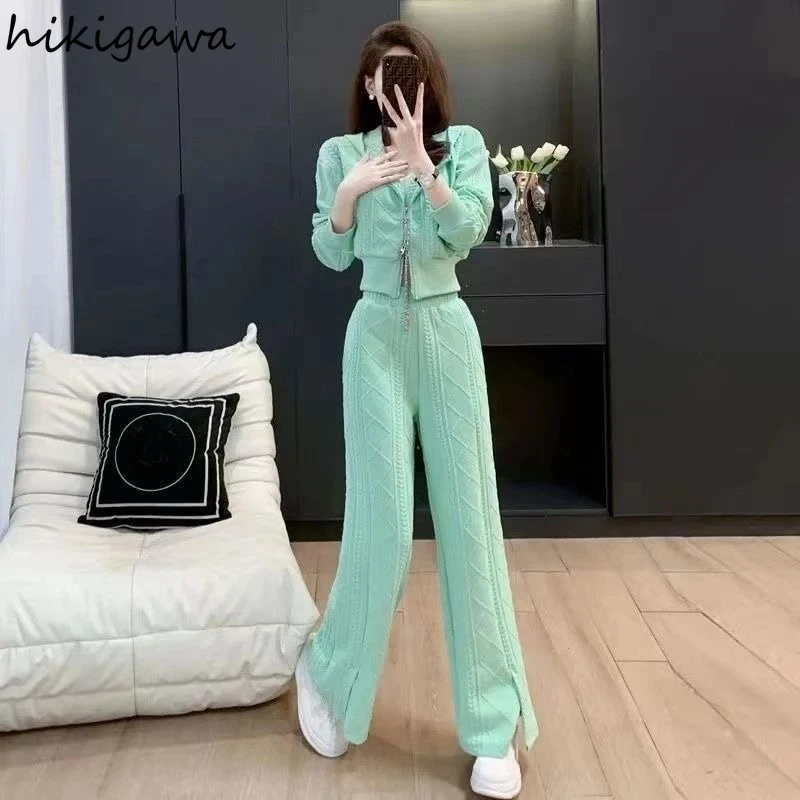 Korean Tracksuit Fashion 2 Piece Sets Womens Outfits Hooded Zipper Crop Sweatshirts High Waist Straight Wide Leg Pants Y2k Suit