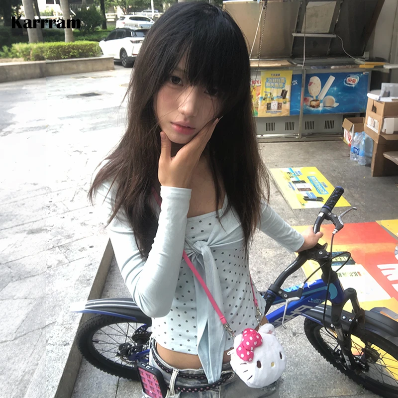 Karrram Japanese Y2k Fake Two-piece Top 2000s Cutecore Style Polka Dot T-shirt Vintage Harajuku Long Sleeve Blue Slim Top Kawaii