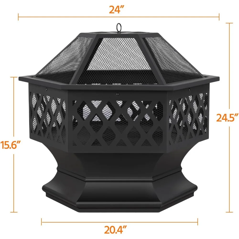 وعاء حفرة النار السداسي الخارجي مقاس 24 بوصة مع شاشة شرارة وبوكر للفناء والفناء الخلفي والحديقة والتجمعات النزهة #4