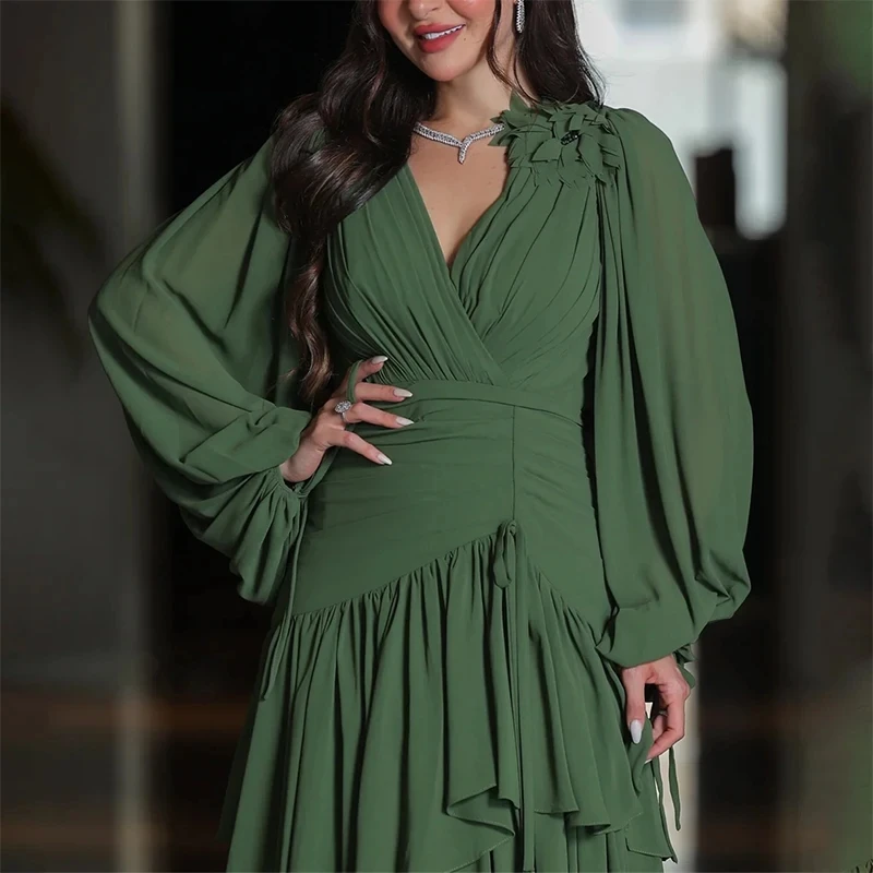 Customized Elegant Blackish Green V-Neck Formal Evening Dresses Dubai A-line Ruffle Tiered Long Sleeve Prom Dresses 2025