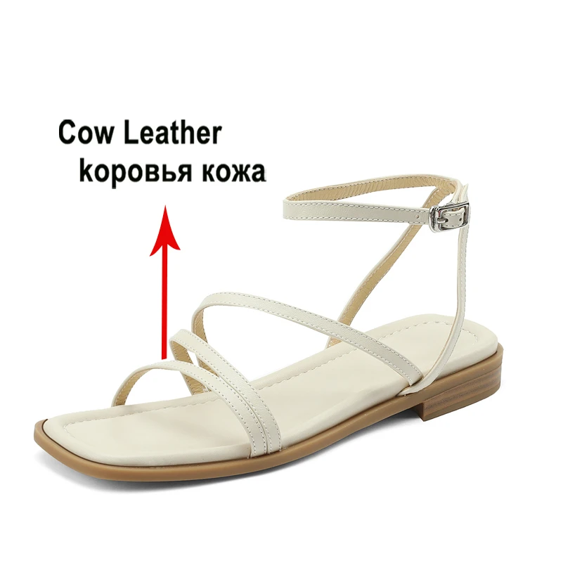 Meotina Women Genuine Leather Ankle Strap Sandals Square Toe Flat Sandals Narrow Band Buckle Sandals Lady Summer Shoes Purple 40