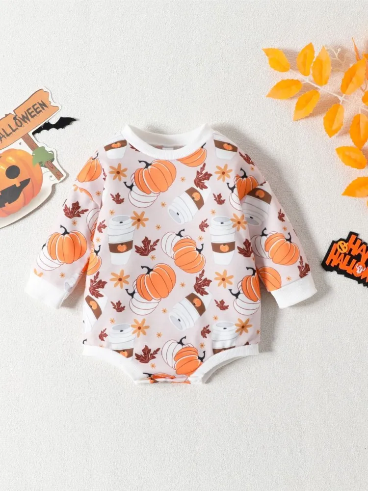 

2024 new Halloween theme baby long-sleeved onesie autumn men and women's baby cotton long-sleeved triangle crawling suit