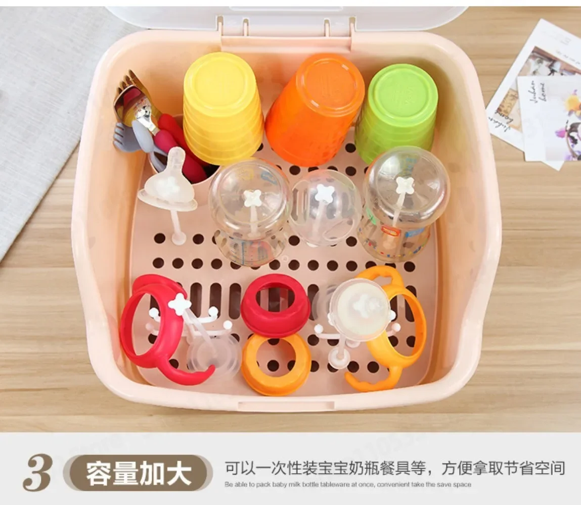 Baby bottle storage box with lid dust proof portable draining rack baby tableware storage box
