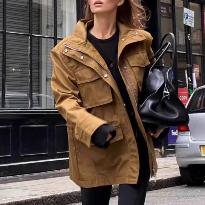 

Fall/Winter 2025 Women's Casual Pocket High Collar Long Sleeve Workcoat