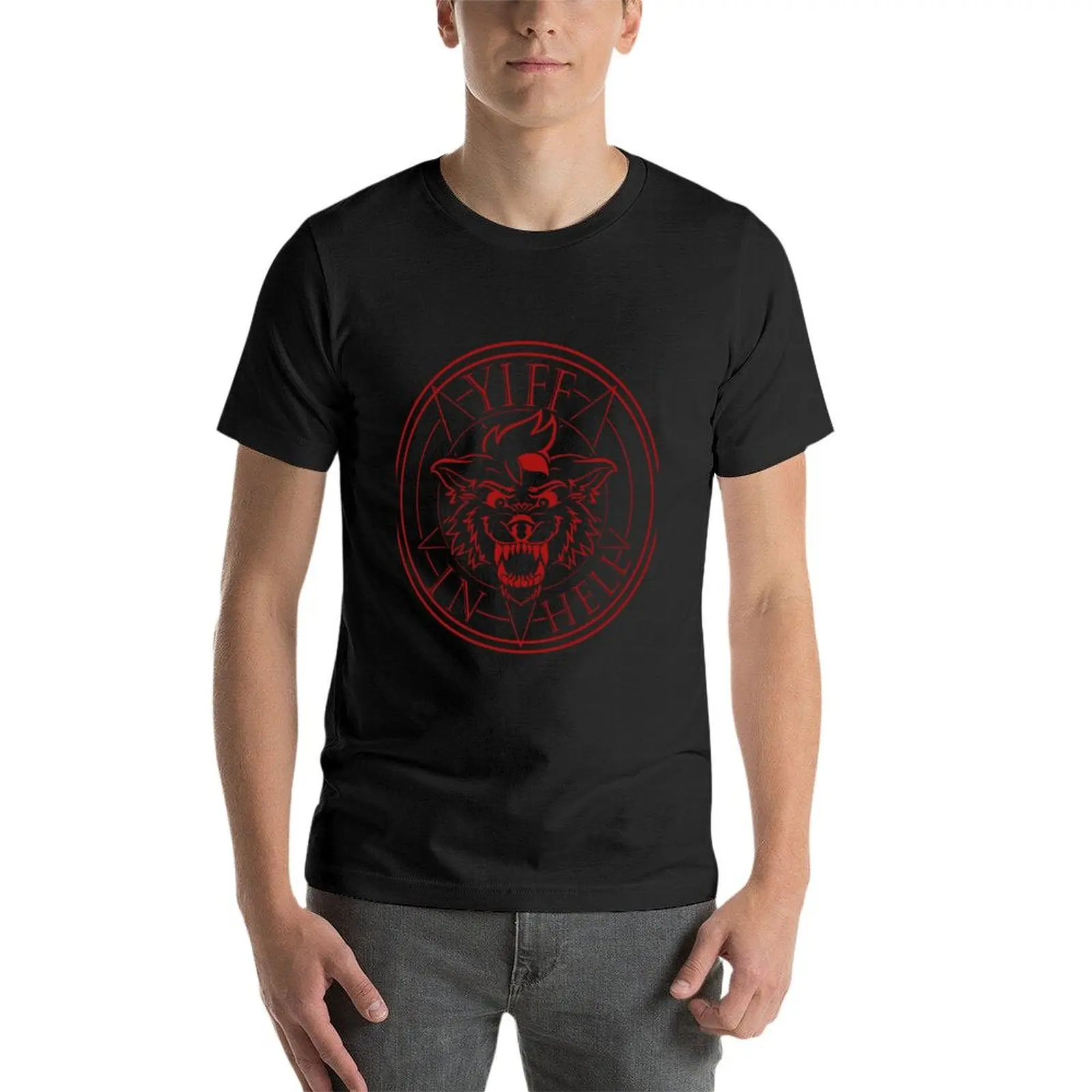 yiff in hell pentagram wolf T-Shirt funnys sweat mens t shirts casual stylish