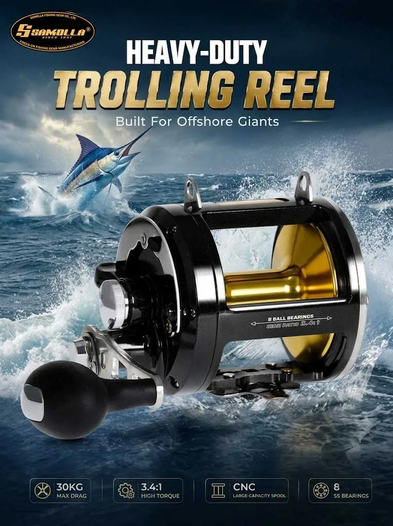 SAMOLLA Trolling-Angelrolle mit Aluminiumspule, Alarmknopf, Bremskraftanpassung, Tiefsee-Rolle mit 30KG Maximaler Zugkraft – Detail 1