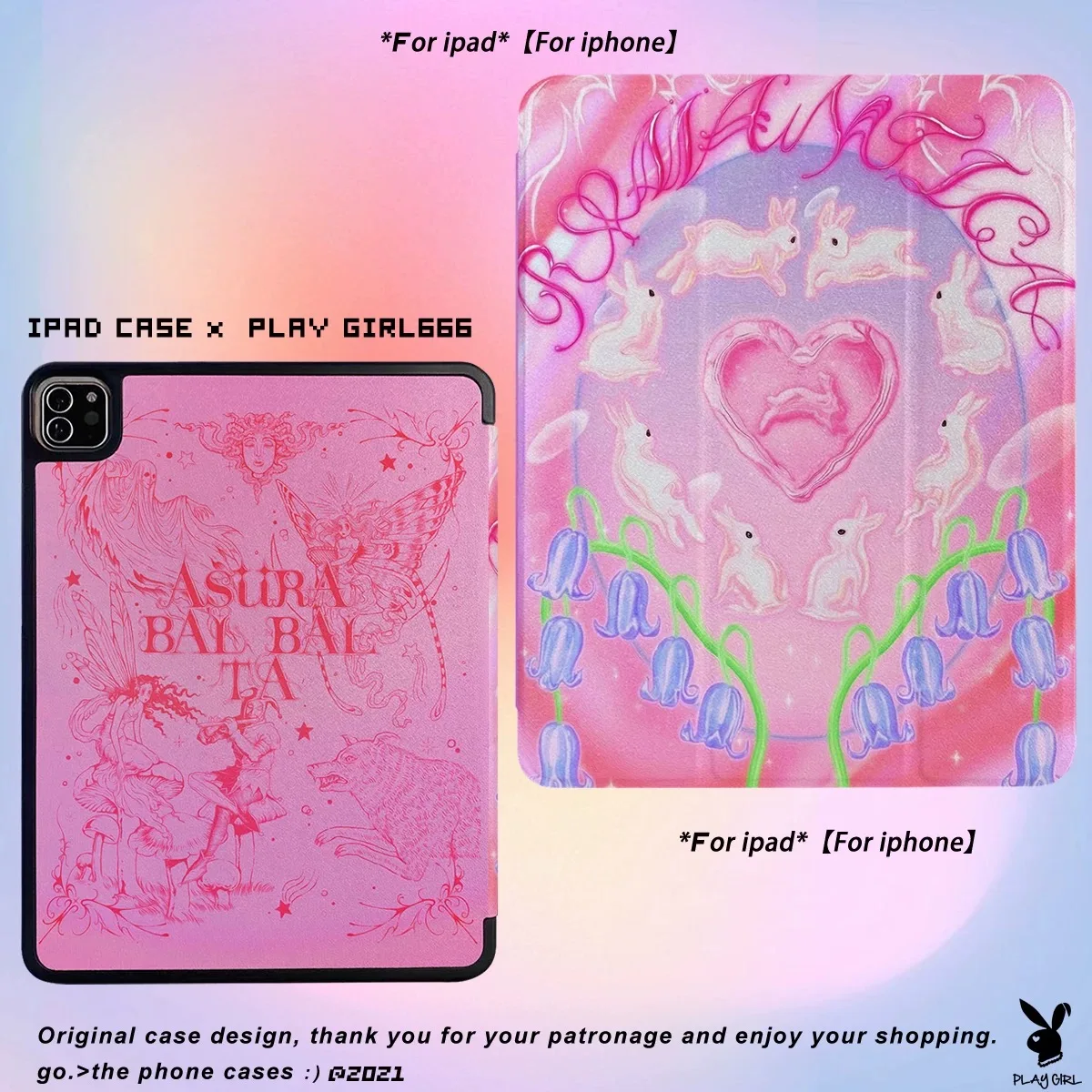 Original art oil painting love rabbit, suitable for iPad, three-fold protective case with pen slot