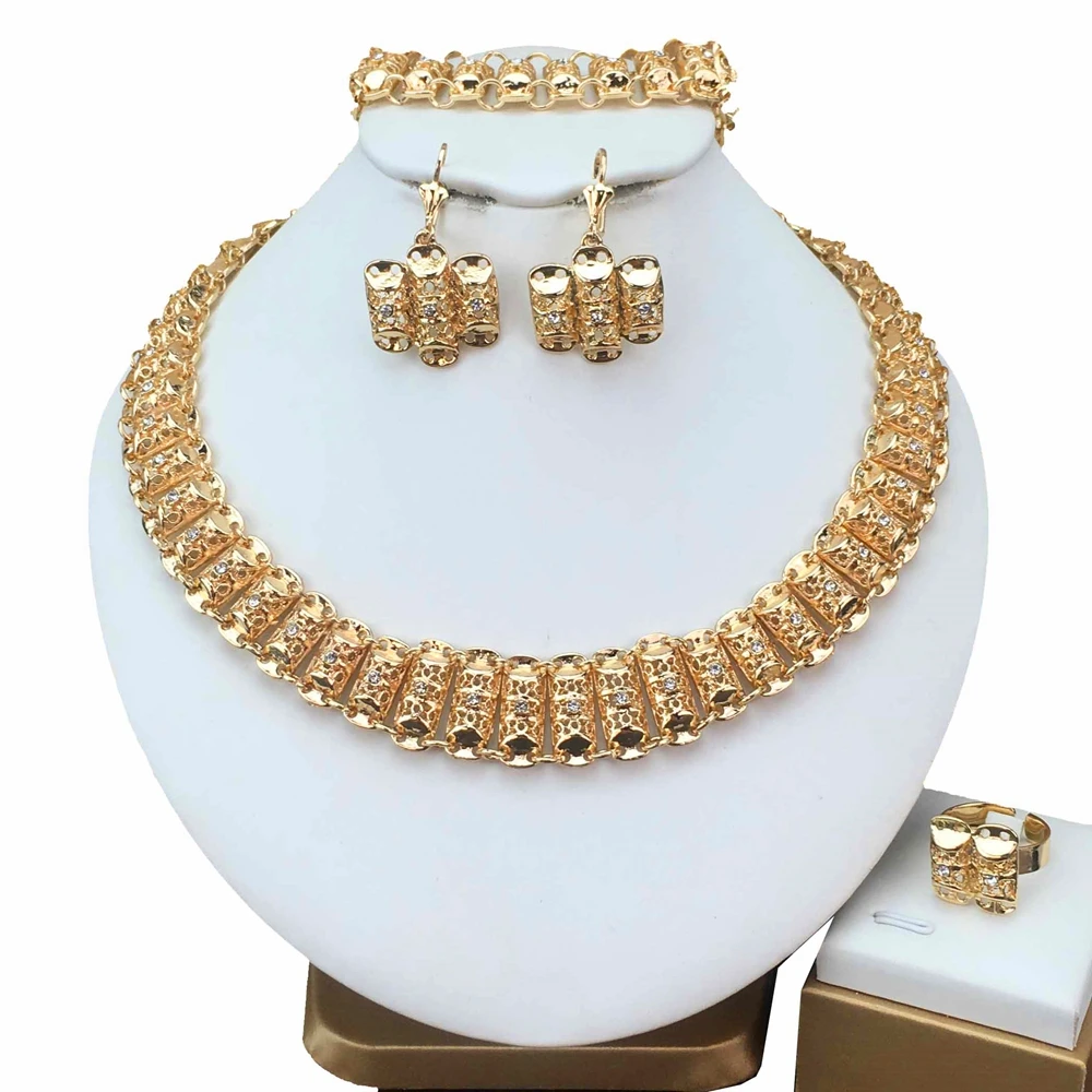 African Necklace Dubai Gold Plated Jewelry Set for Women Wedding Bridal Travel Party Bracelet Earrings Ring Accessories FHK16372