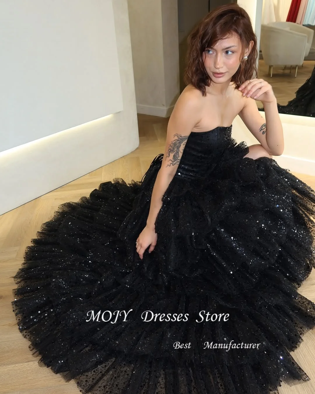 Mojy Shinny Spray gold Tulle A-line Evening Dress Sleeveless Tiered Prom Gown Side High Slit Formal Event vestido Customized