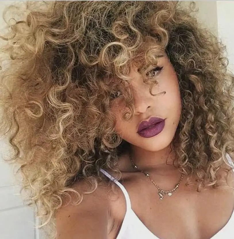 Peruca Curta Loira Afro Kinky Curly para Mulheres, Peruca Loira Castanha Misturada, Peruca de Cabelo Sintético